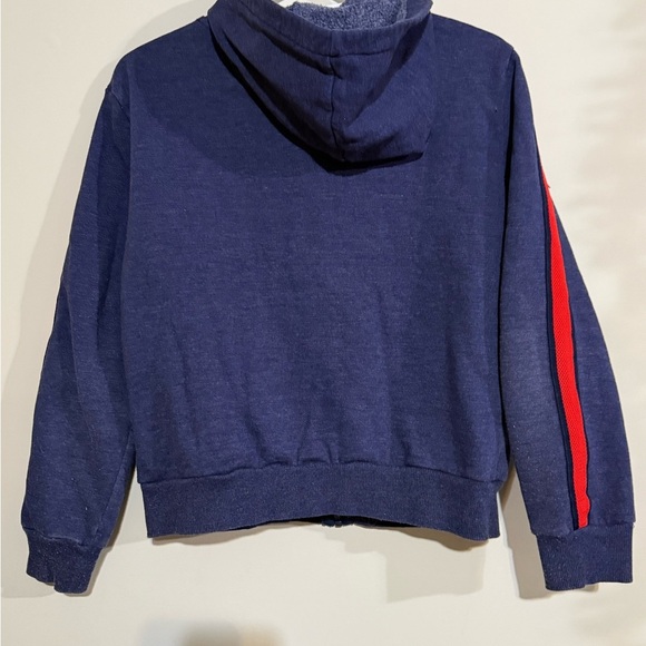 Navy Blue Zip-Up Hoodie with Red Stripes - Picture 4 of 5